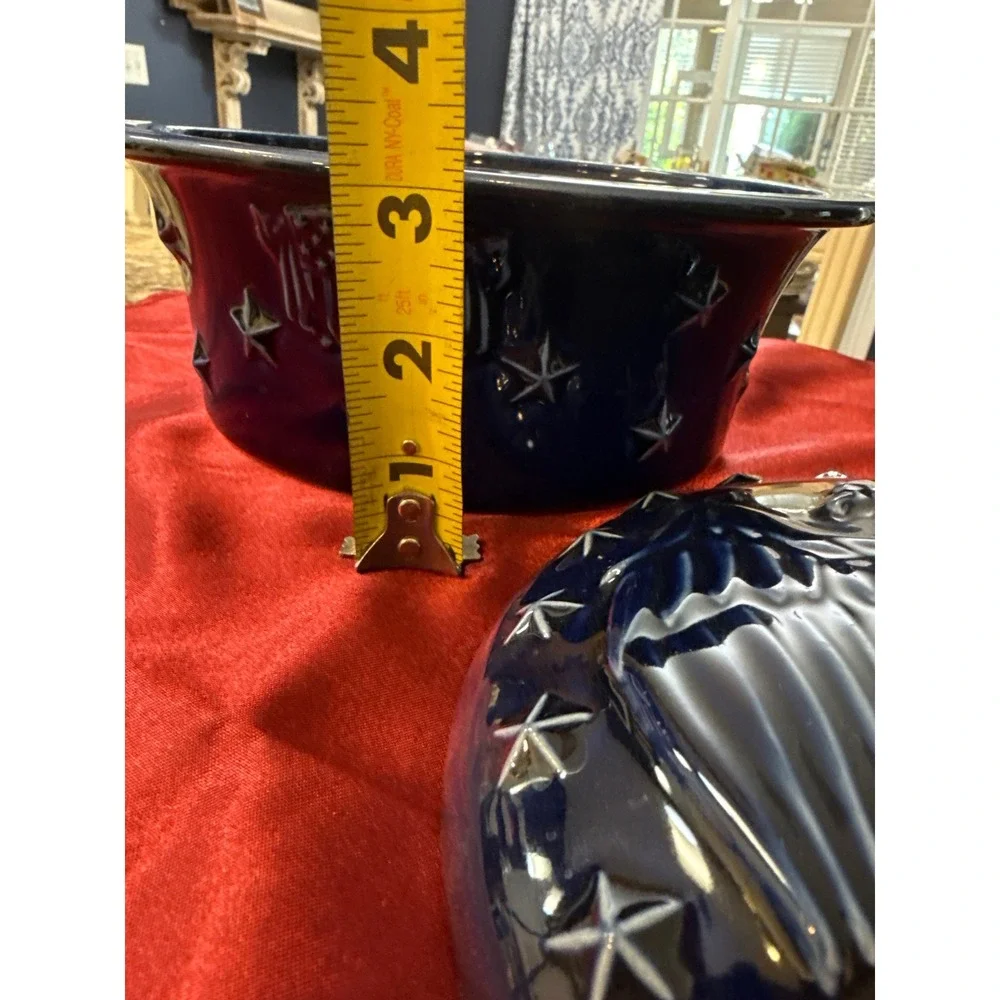 Longaberger Pottery American Eagle Lidded Casserole Dish Navy Blue Stars USA